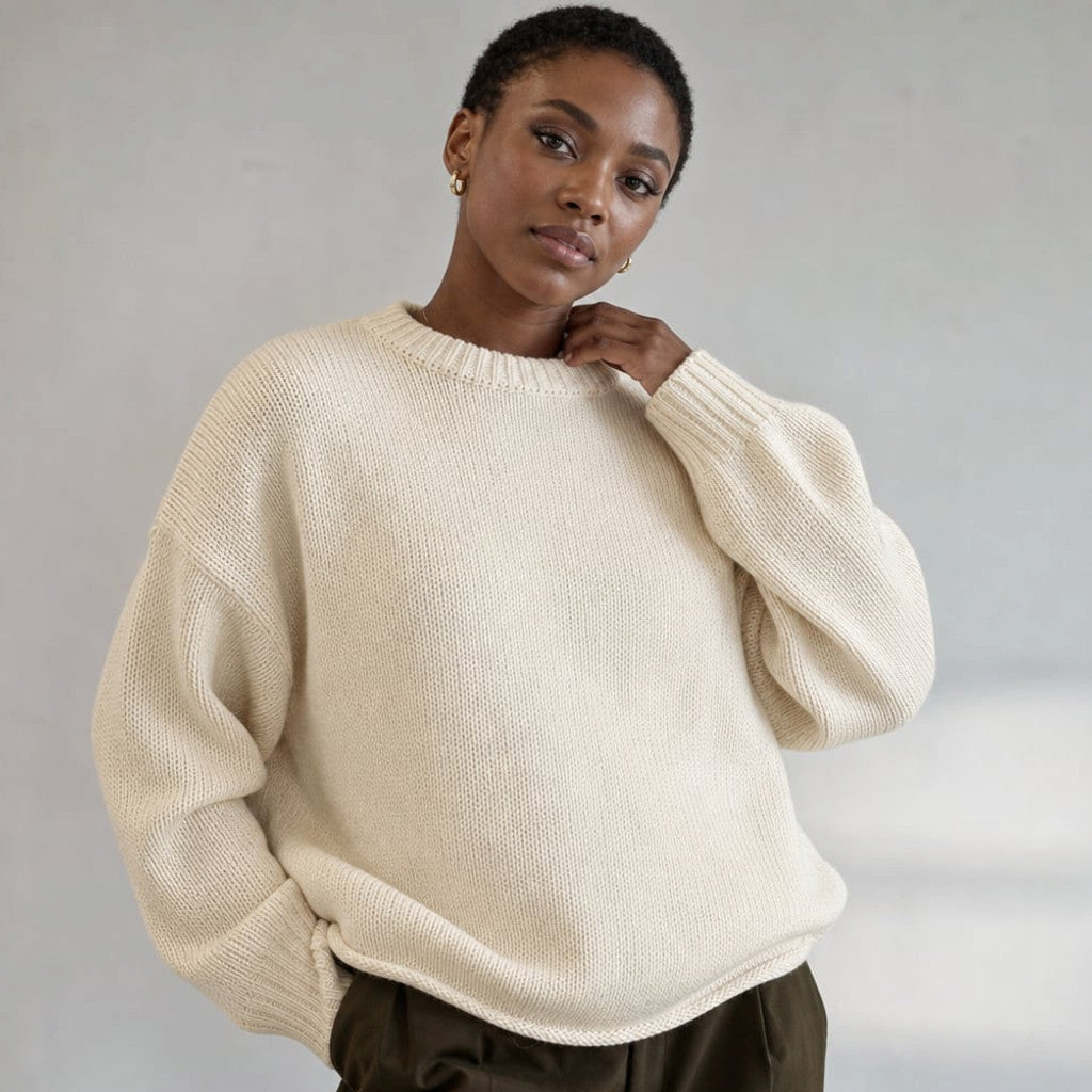 Knit Jumper 100% Cotton Crew Neck Long Sleeve Cream – Molieri
