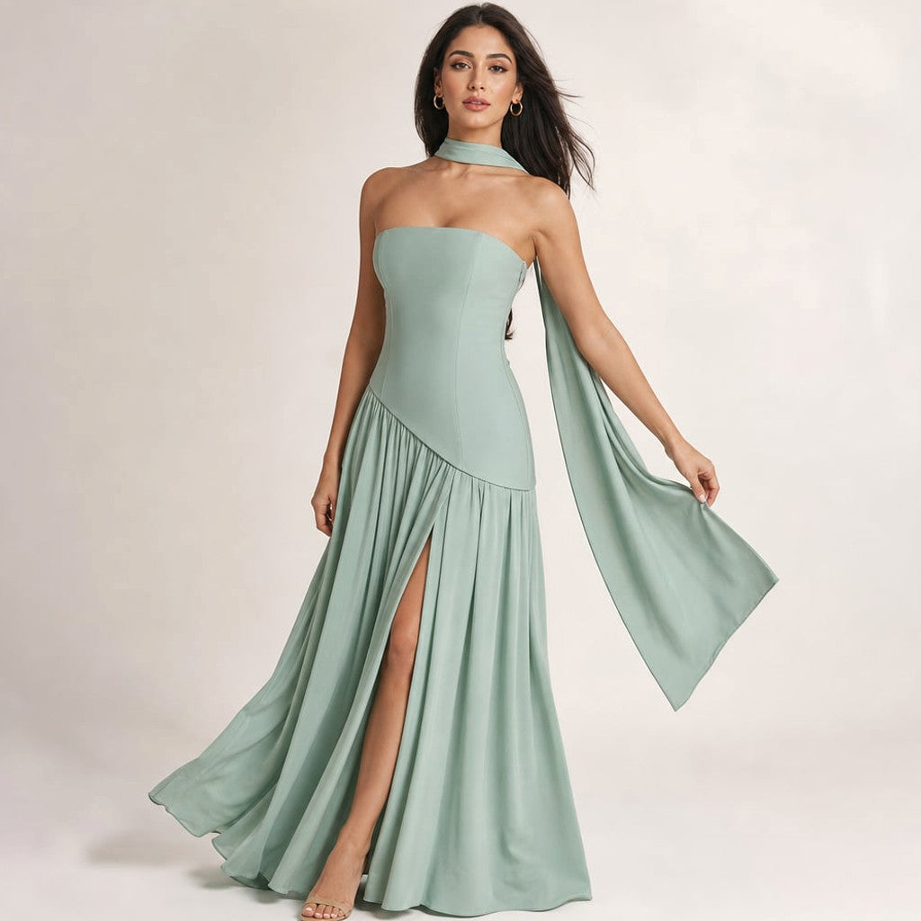 Mint strapless corset maxi dress with long scarf panels at the back and a high leg slit, shown full-length on a plain background