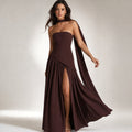 Strapless Corset Maxi Dress Scarf Panel High Slit in Brown – Molieri
