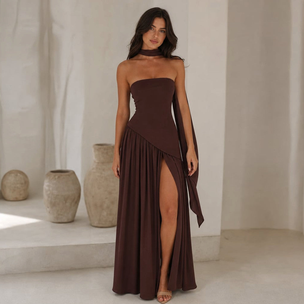 Strapless Corset Maxi Dress Scarf Panel High Slit – Molieri