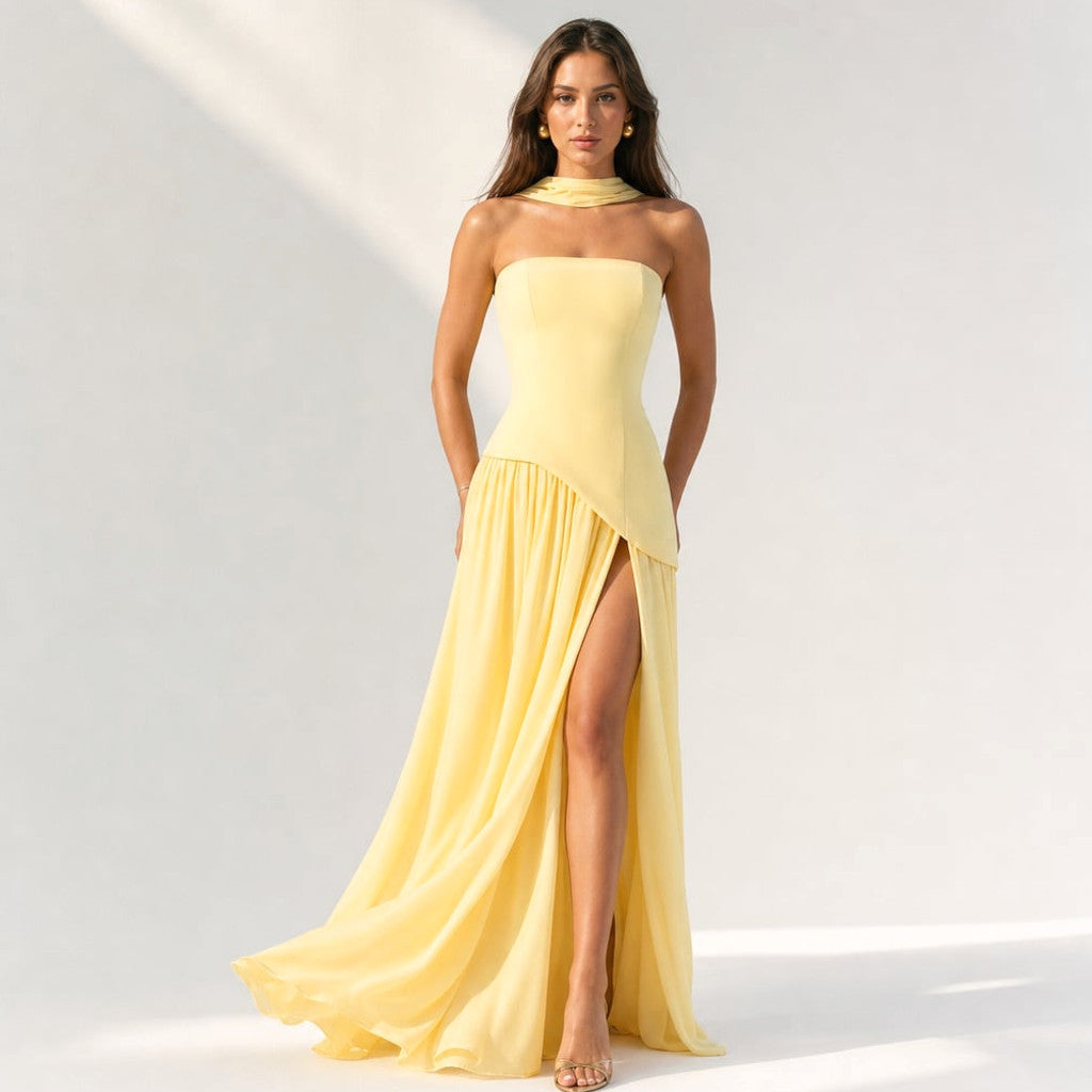 Strapless Corset Maxi Dress Scarf Panel High Slit in Lemon Yellow – Molieri