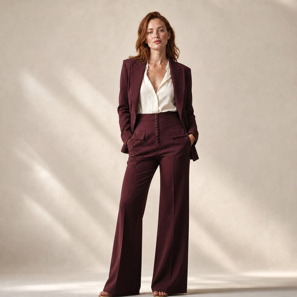 Calu wide-leg suit trouser two-piece in burgundy with peaked lapel blazer, front view, floor-length trousers