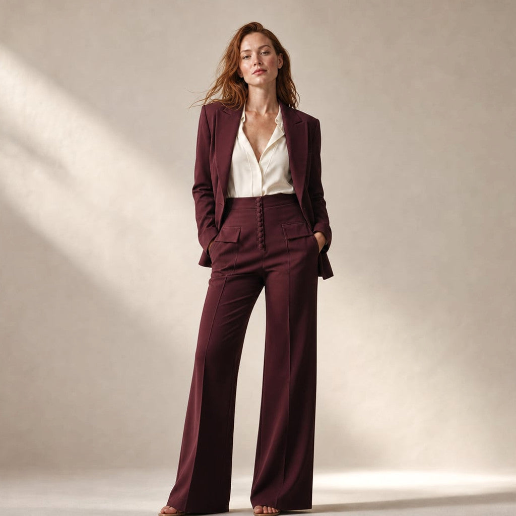 Model wearing Calu burgundy wide-leg trouser suit with structured peaked lapel blazer, full length