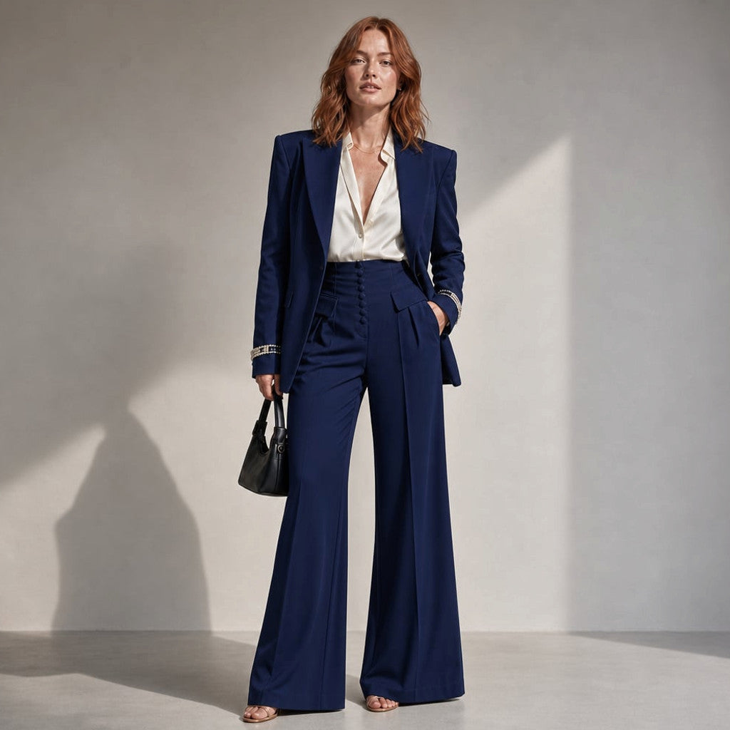 Suit Trouser Wide-Leg Two-Piece Blazer Peaked Lapel in Navy Blue – Molieri