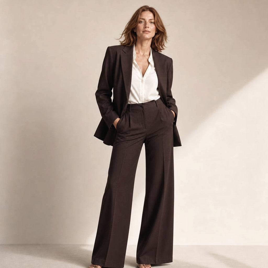 Suit Trouser Wide-Leg Two-Piece Blazer Peaked Lapel in Dark Brown – Molieri