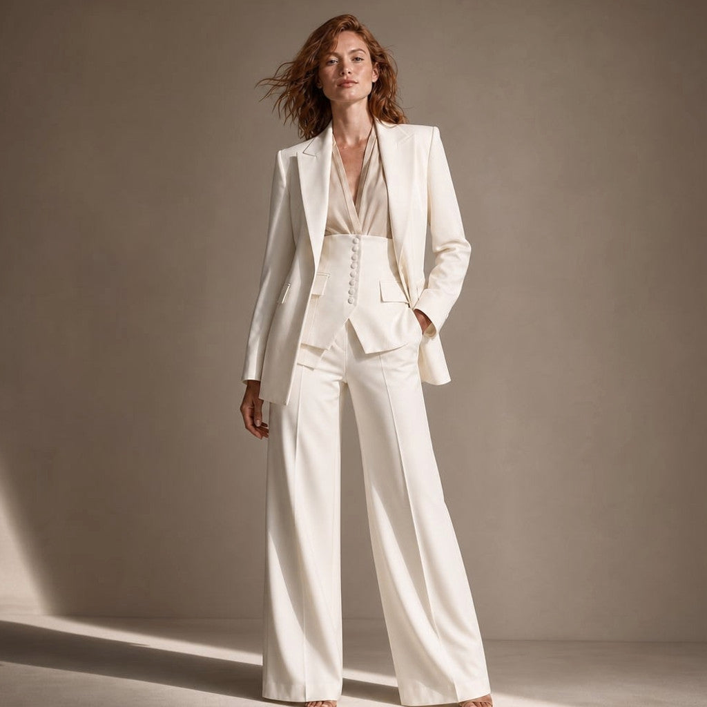 Suit Trouser Wide-Leg Two-Piece Blazer Peaked Lapel in Cream – Molieri