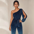 Model wearing the Loren one-shoulder jumpsuit in blue ombre with structured bodice and wide-leg flare to the floor