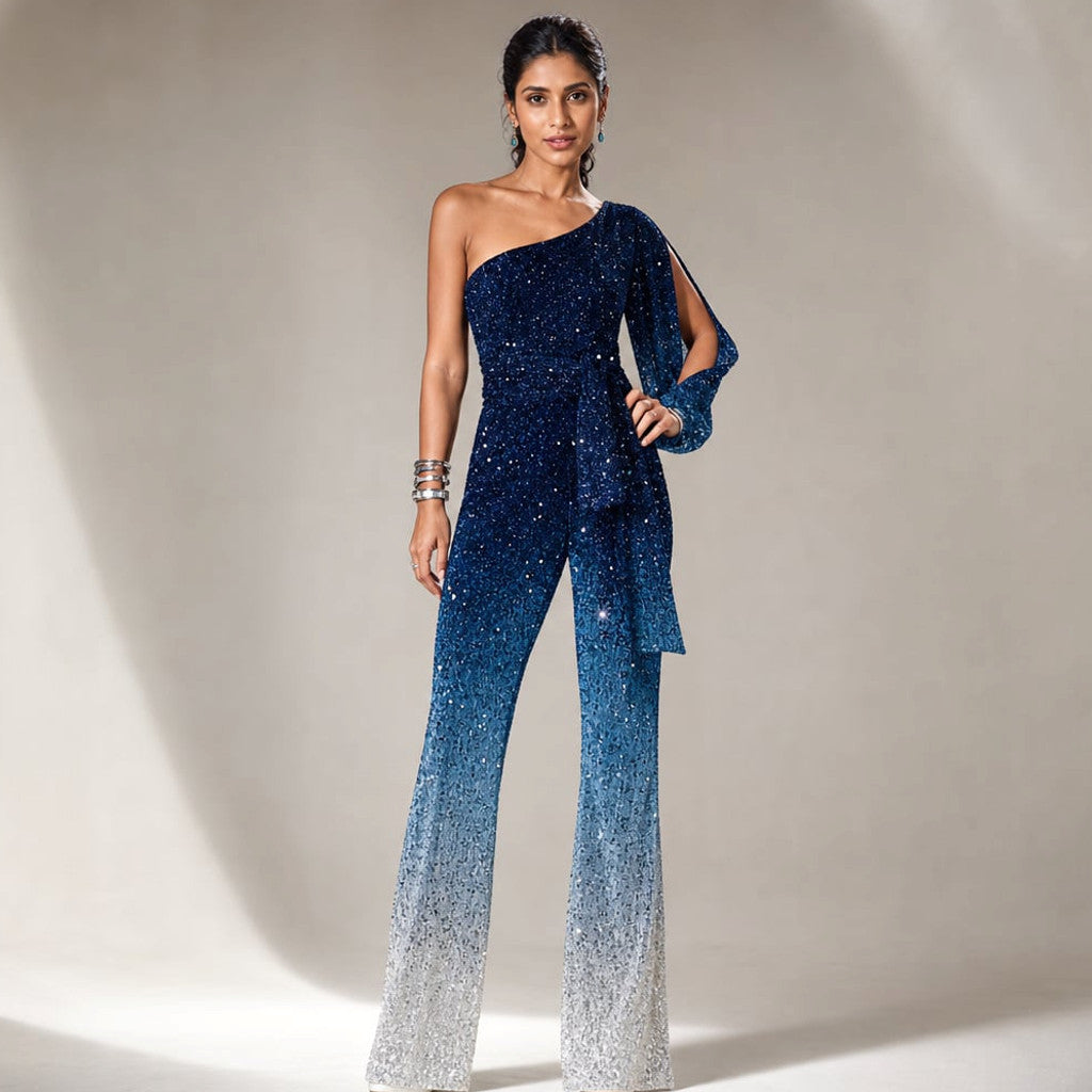Wide-Leg One-Shoulder Jumpsuit Flare Blue Ombre – Molieri