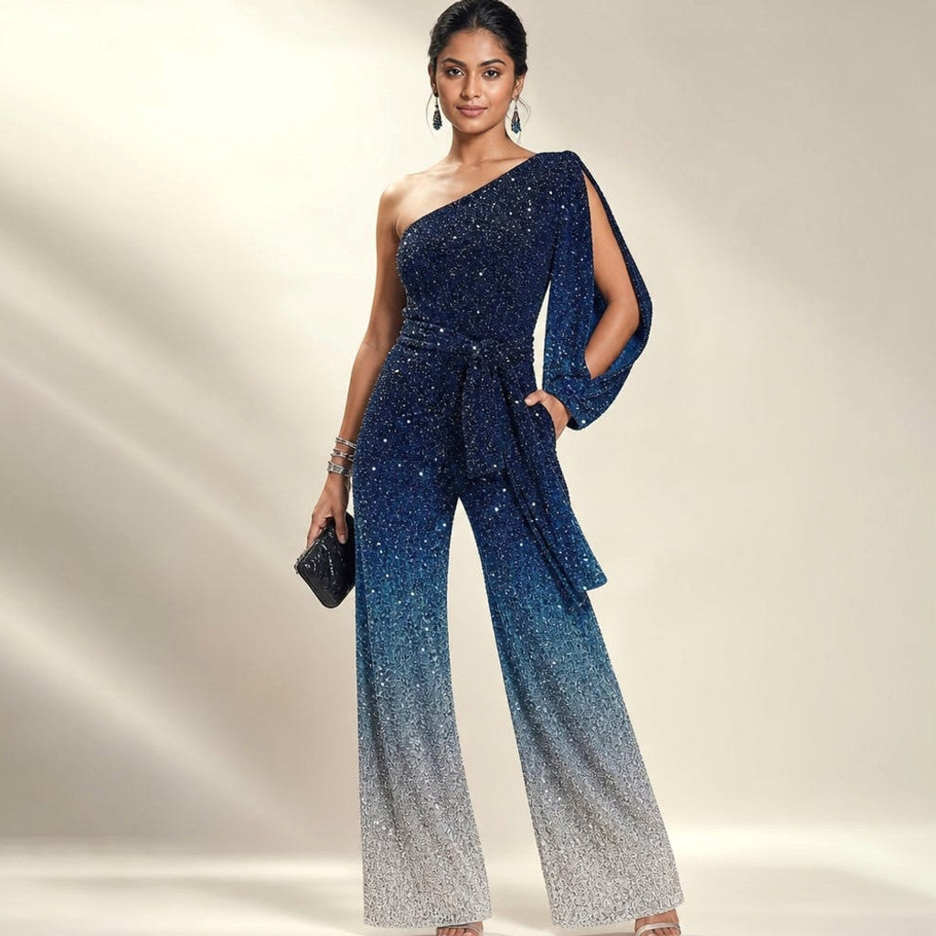 Wide-Leg One-Shoulder Jumpsuit Flare Blue Ombre – Molieri