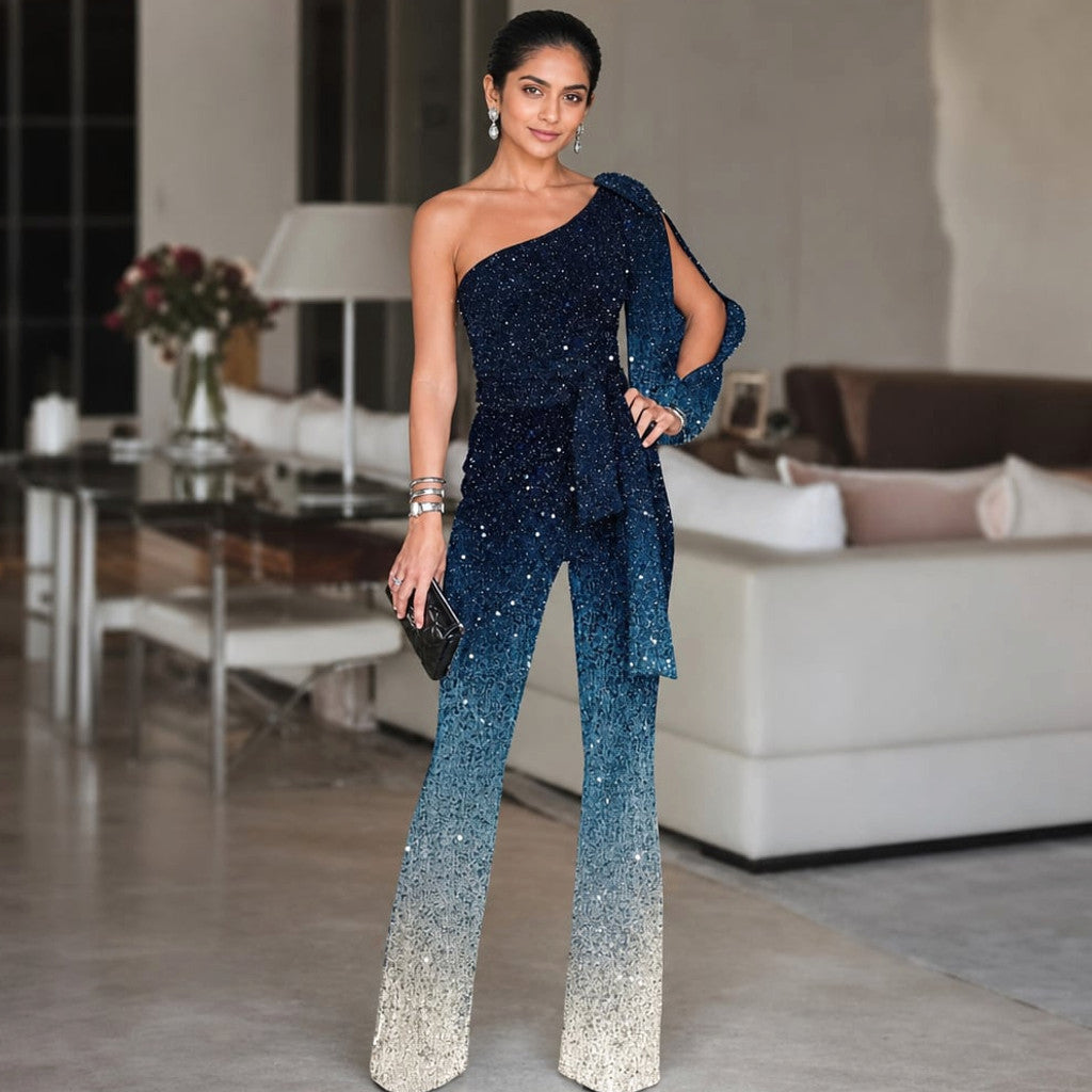 Wide-Leg One-Shoulder Jumpsuit Flare Blue Ombre – Molieri