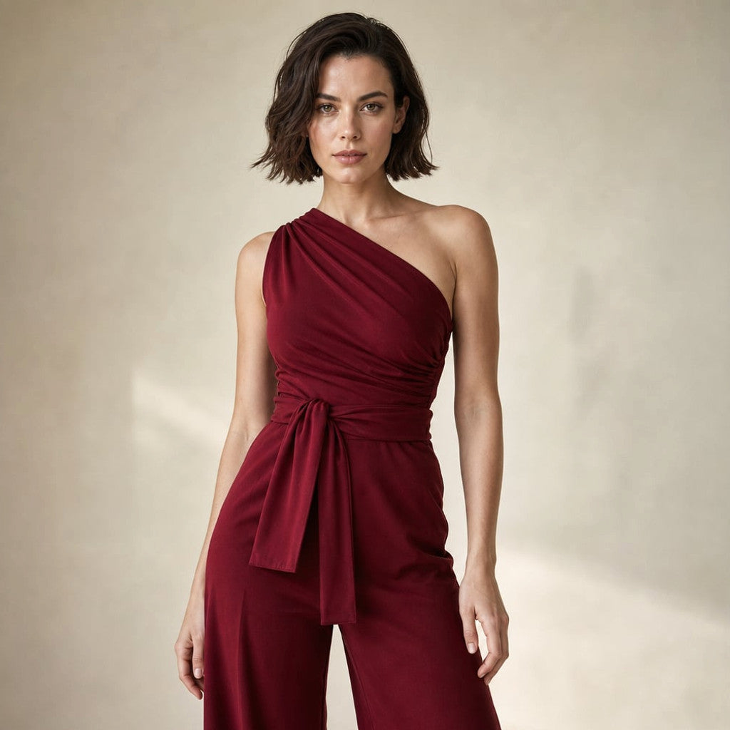Slaestel one-shoulder wide-leg jumpsuit in burgundy with self-tie waist, floor-length silhouette, front view