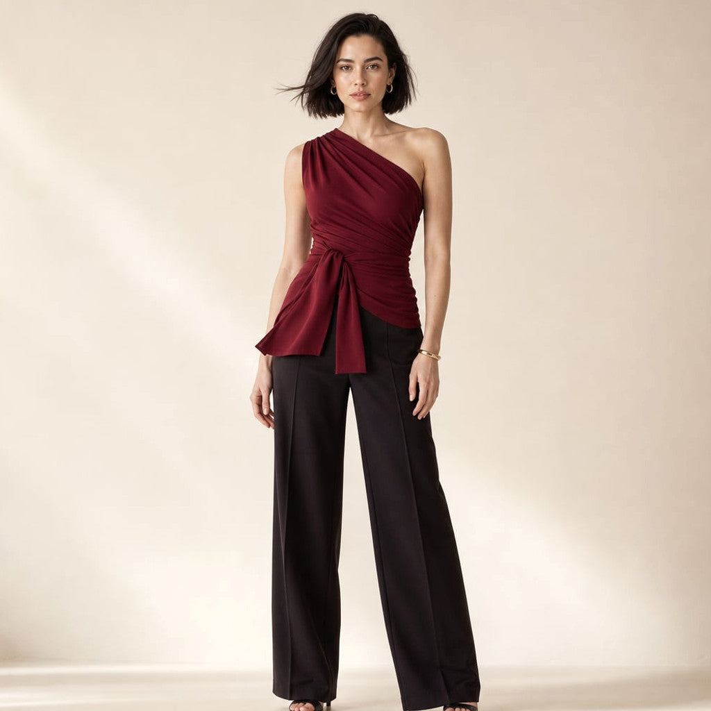 One-Shoulder Wide-Leg Jumpsuit Self-Tie Waist – Molieri