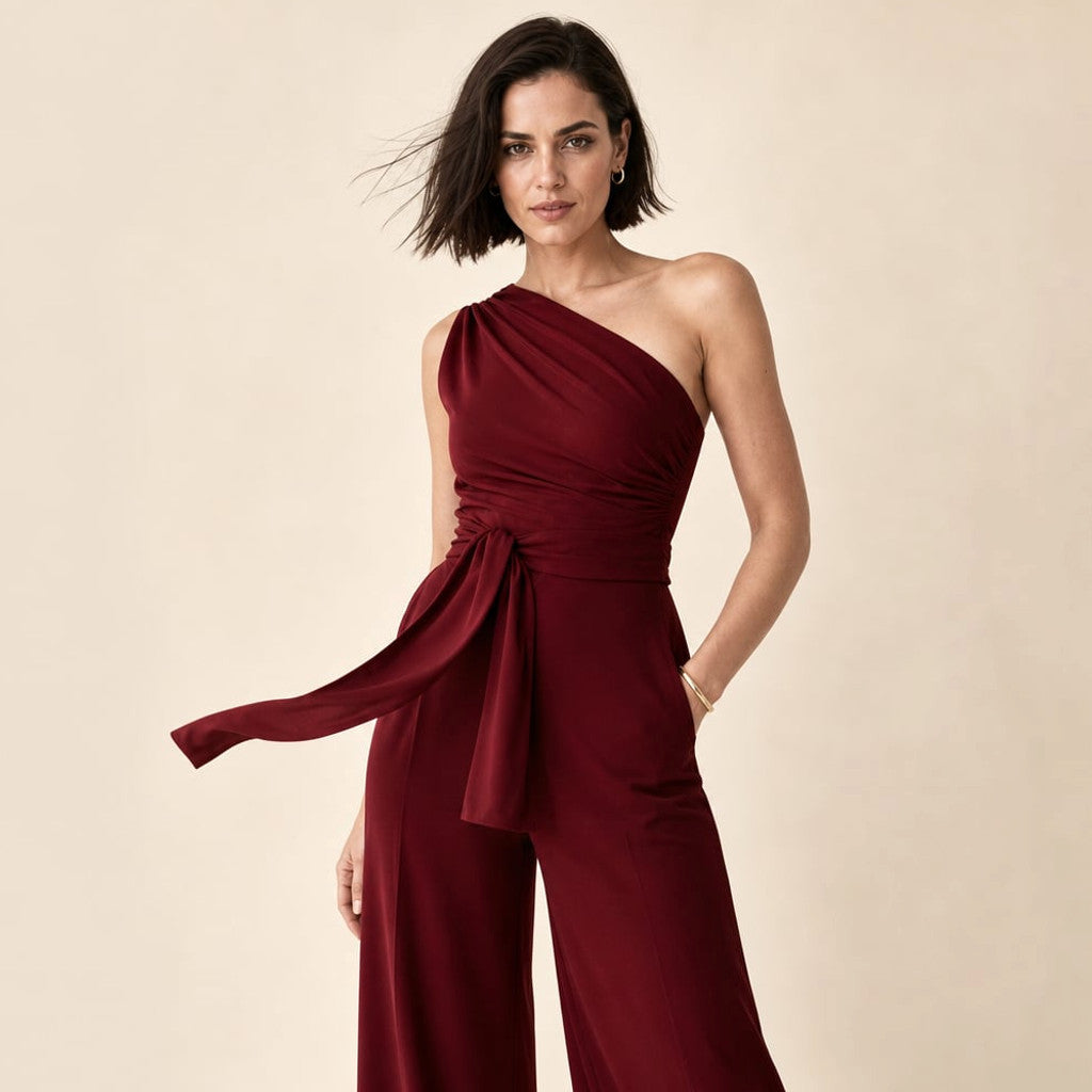 One-Shoulder Wide-Leg Jumpsuit Self-Tie Waist – Molieri