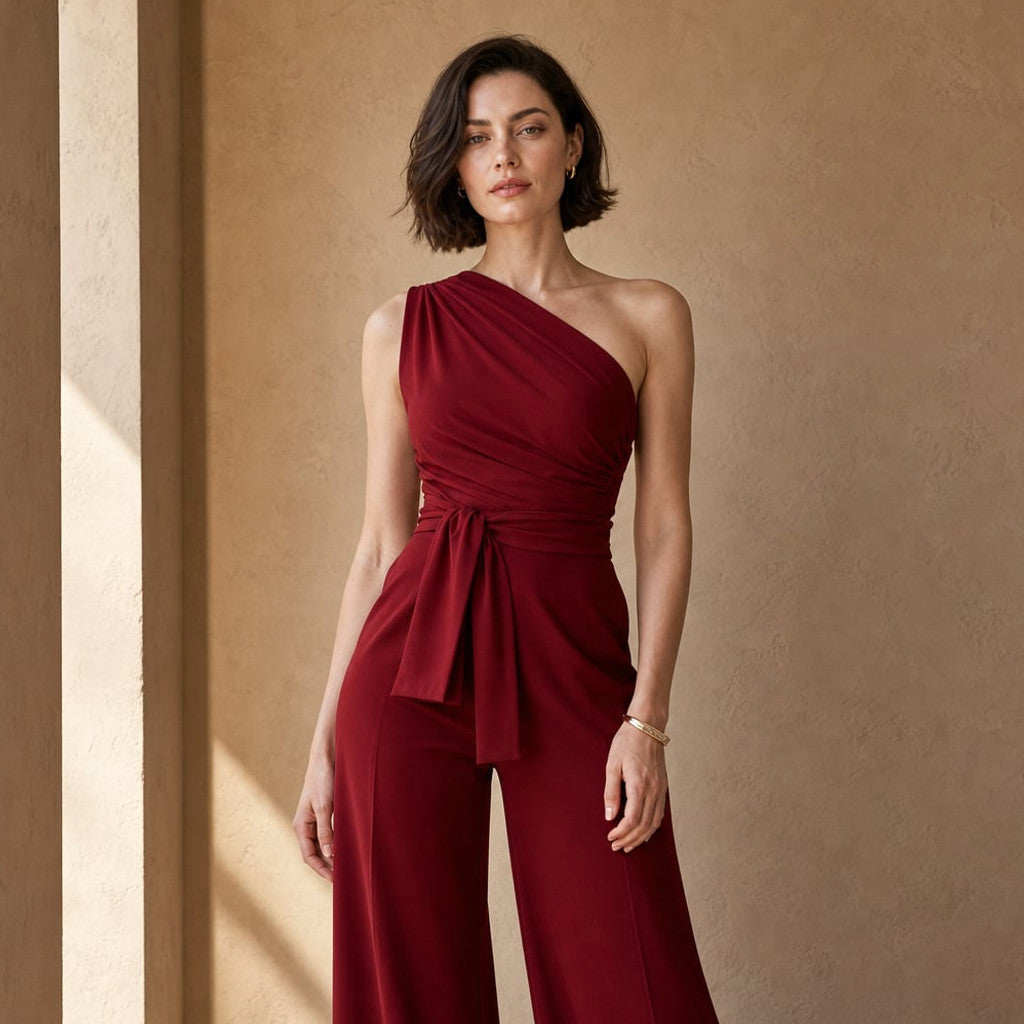 One-Shoulder Wide-Leg Jumpsuit Self-Tie Waist – Molieri