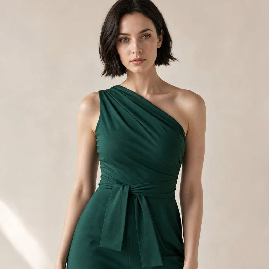 One-Shoulder Wide-Leg Jumpsuit Self-Tie Waist in Green – Molieri