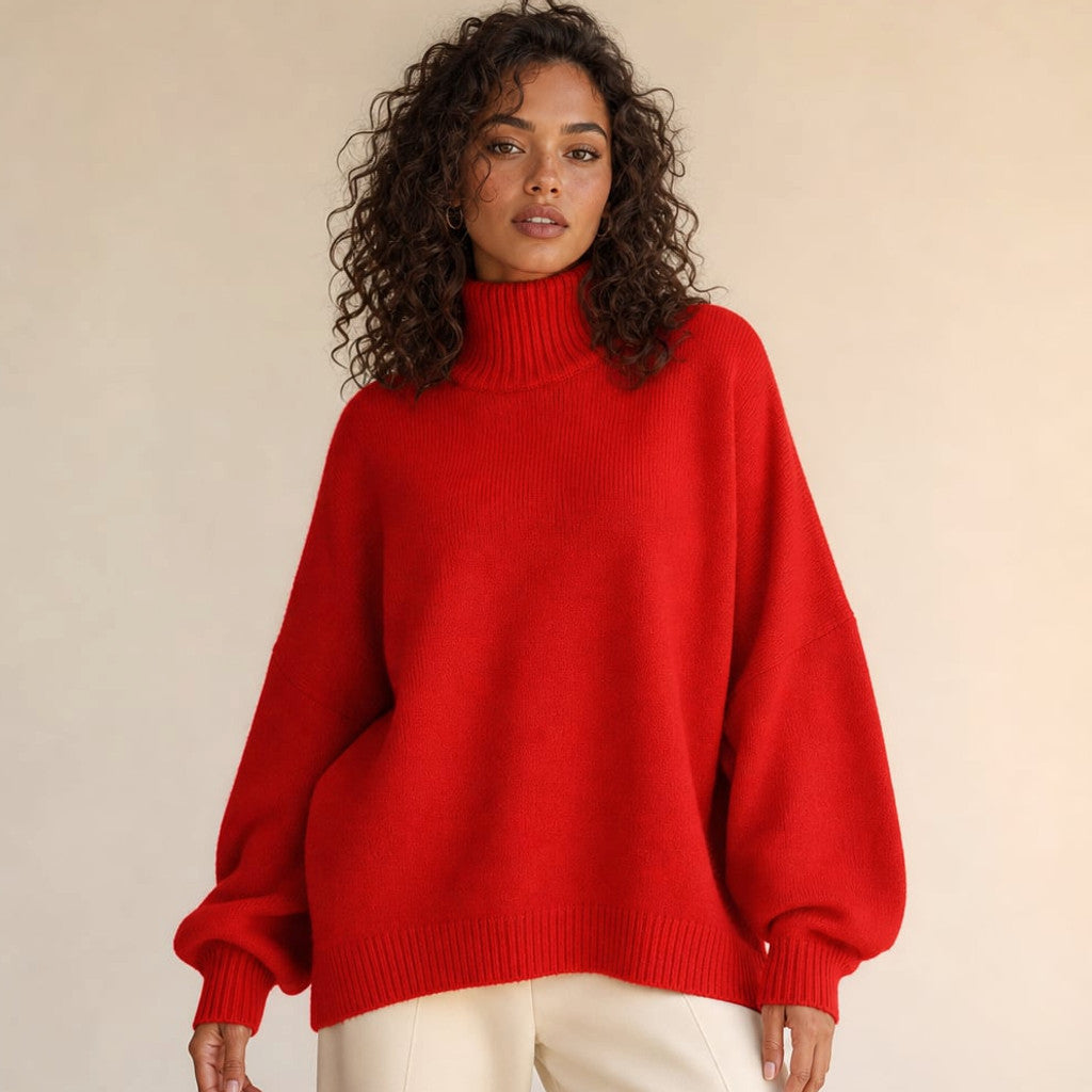 Harita ribbed turtleneck knit sweater in red with wide bell sleeves flaring from the elbow, boxy silhouette, front view