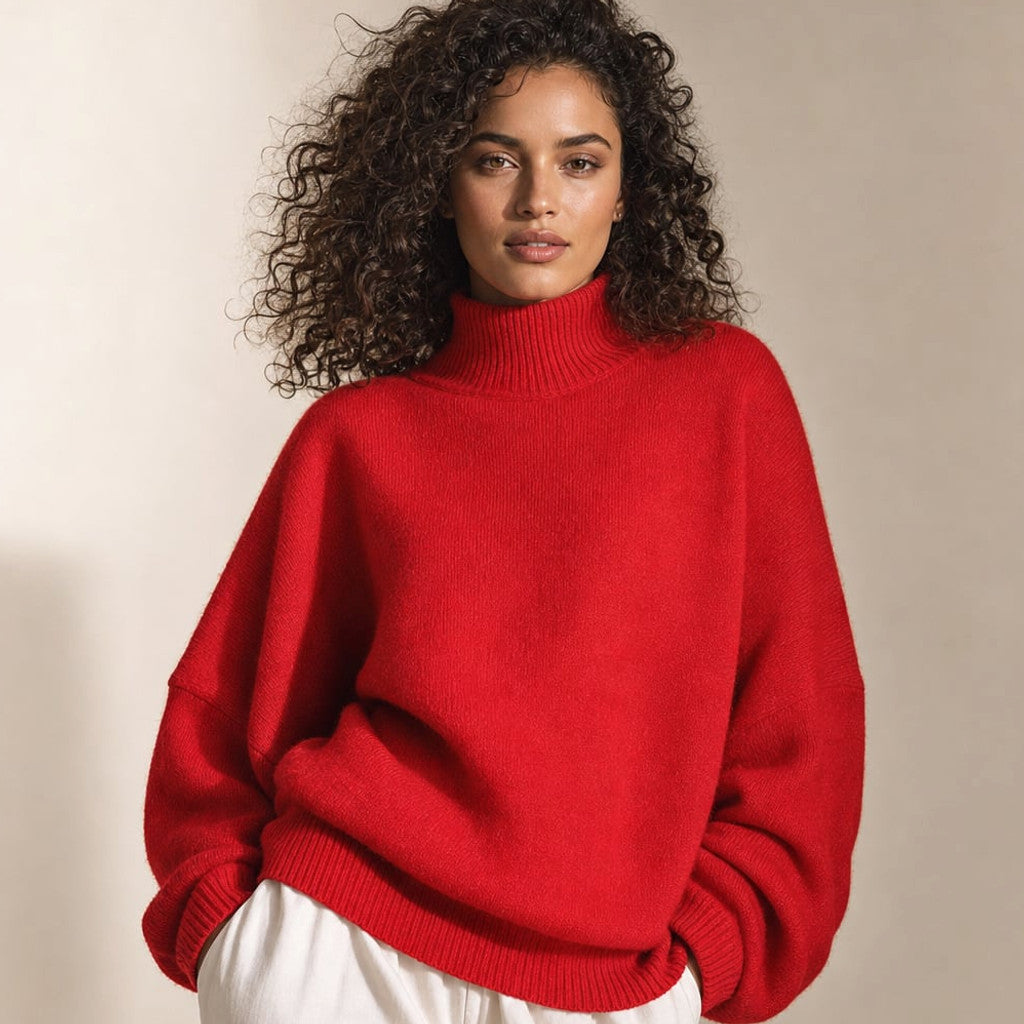 Model wearing Harita red bell-sleeve turtleneck knit sweater, boxy fit, shown from the front against a neutral background