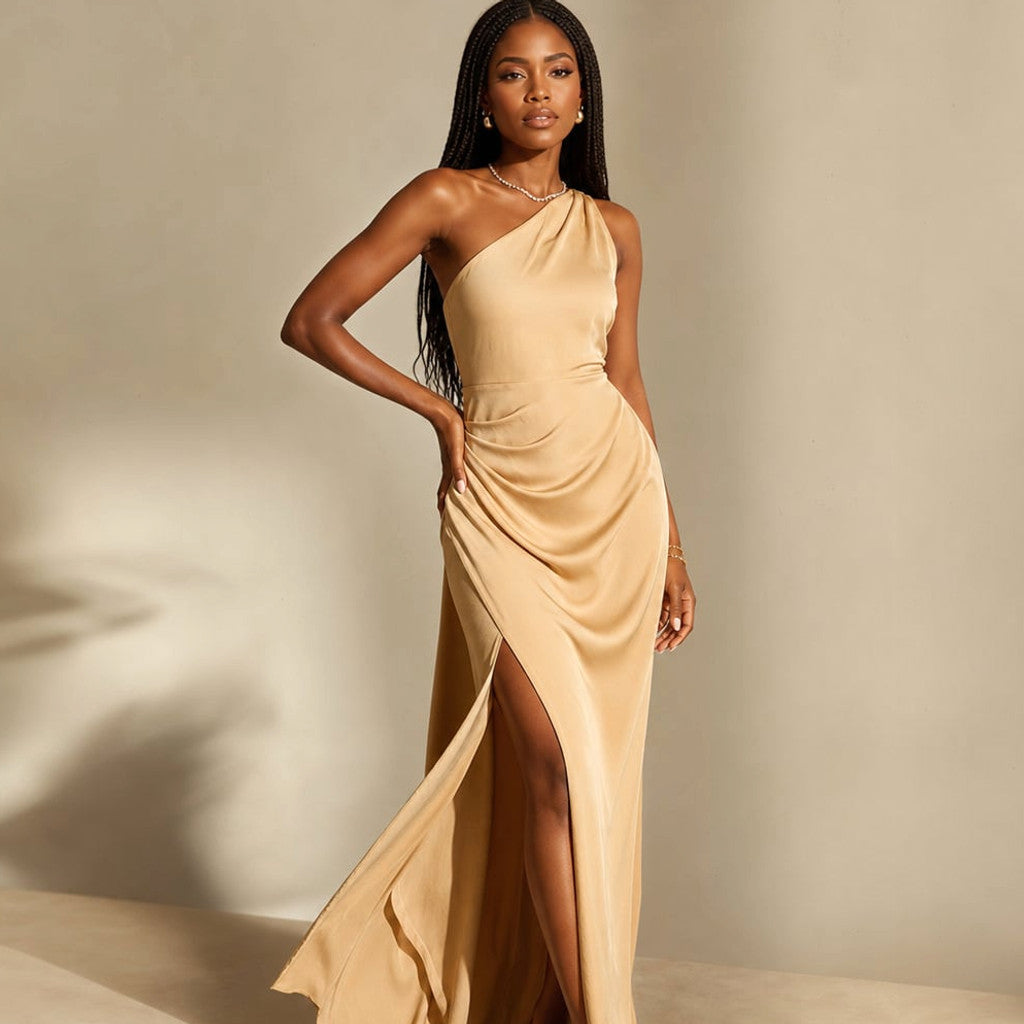 Asymmetrical Maxi Dress Slit Hem Light Brown – Molieri