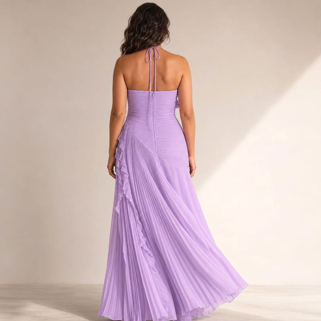 Maxi Dress Ruffle Halter Pleated Asymmetric Formal – Molieri