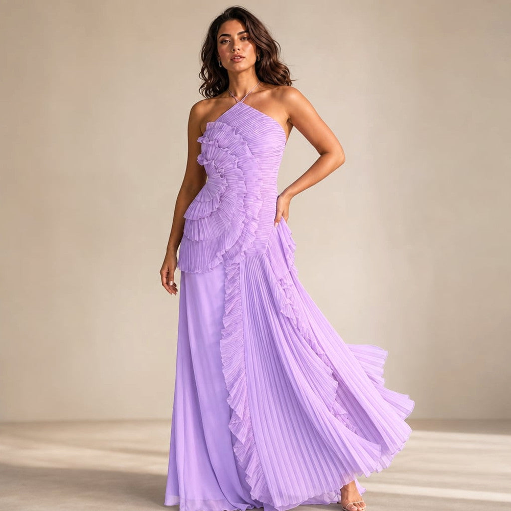 Maxi Dress Ruffle Halter Pleated Asymmetric Formal – Molieri