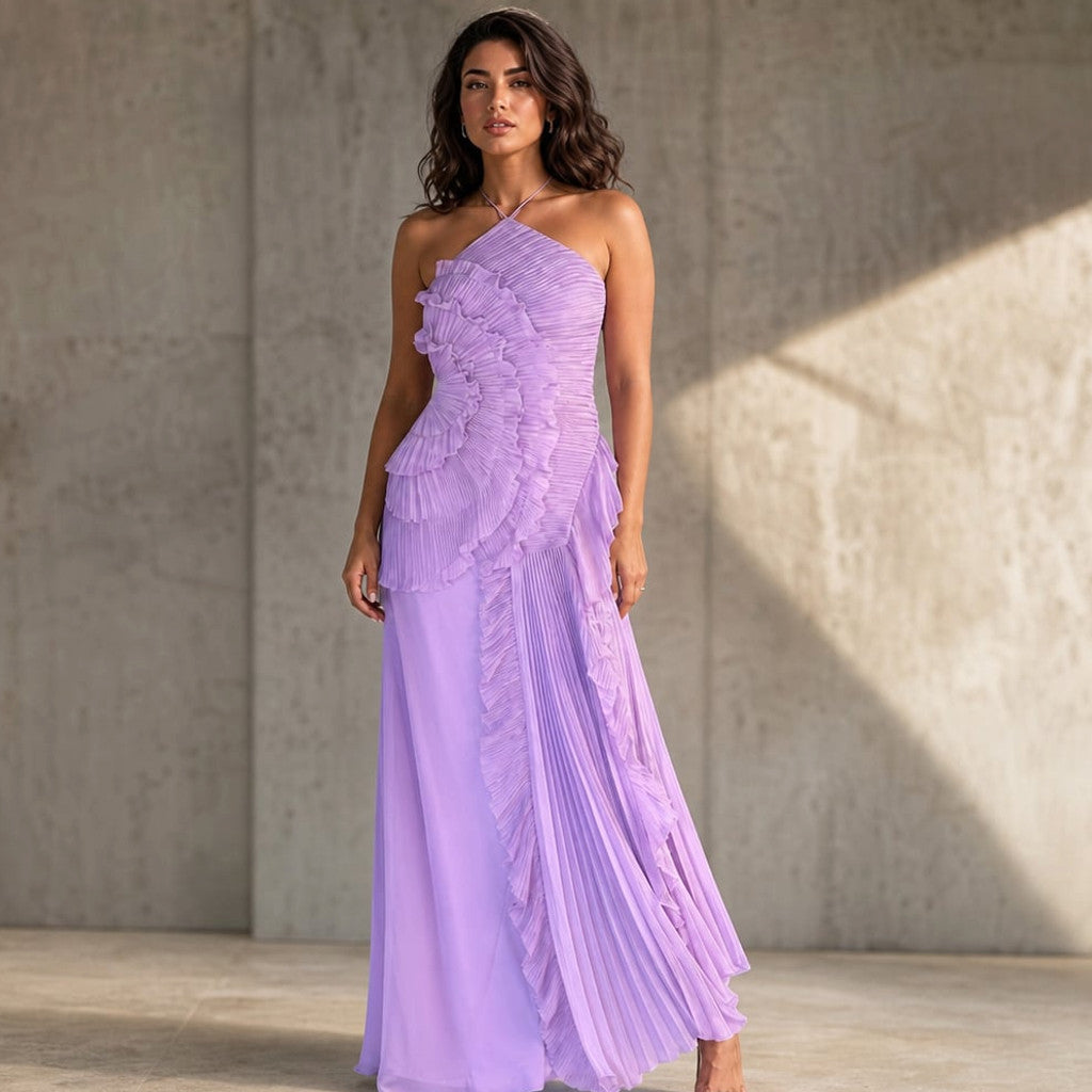 Maxi Dress Ruffle Halter Pleated Asymmetric Formal – Molieri