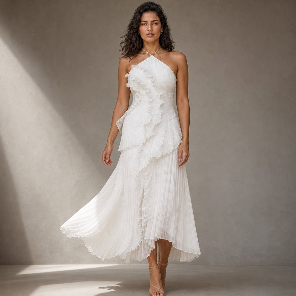 Maxi Dress Ruffle Halter Pleated Asymmetric Formal in White – Molieri