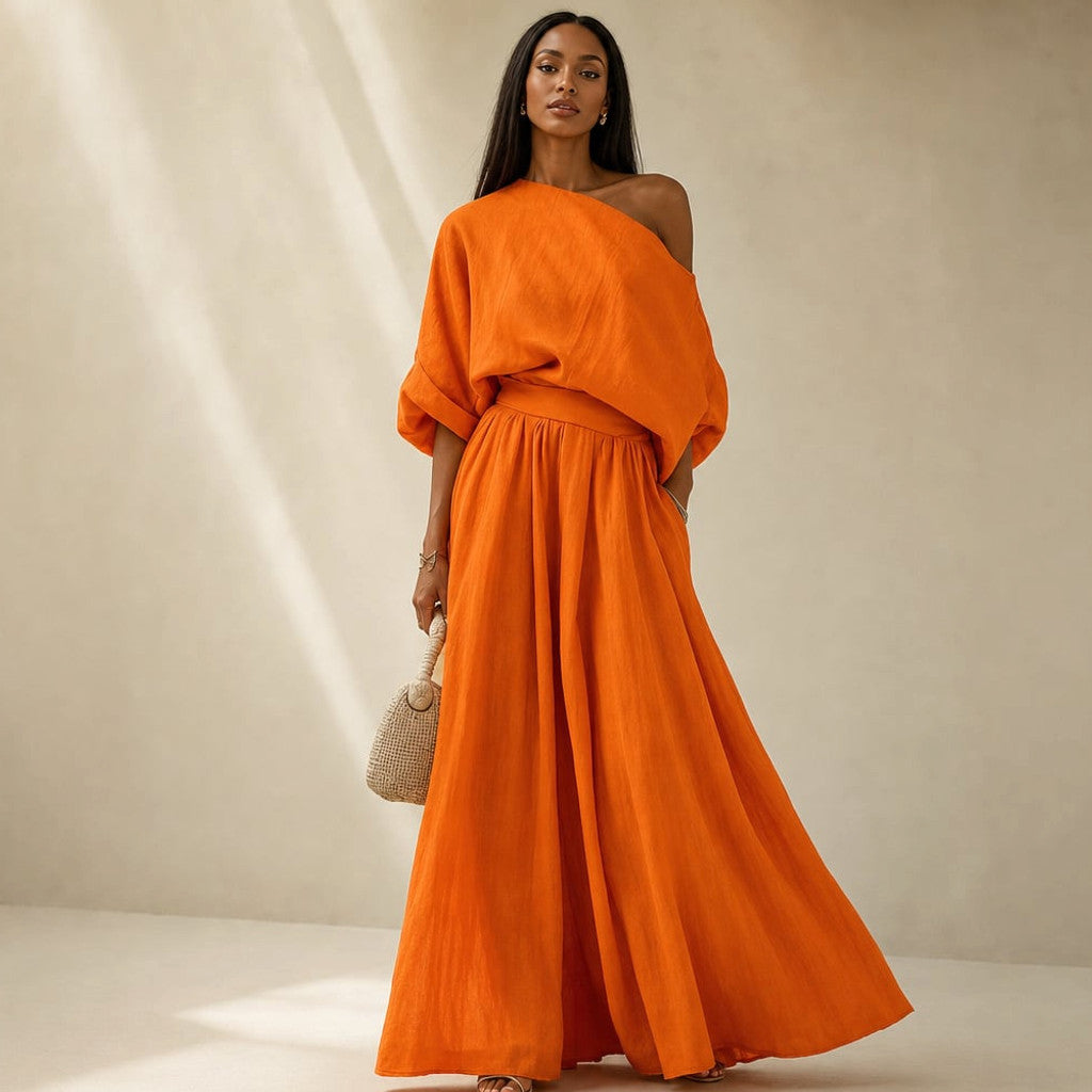 Linen Two-Piece Set Draped Blouse Wide-Leg Trousers in Orange – Molieri