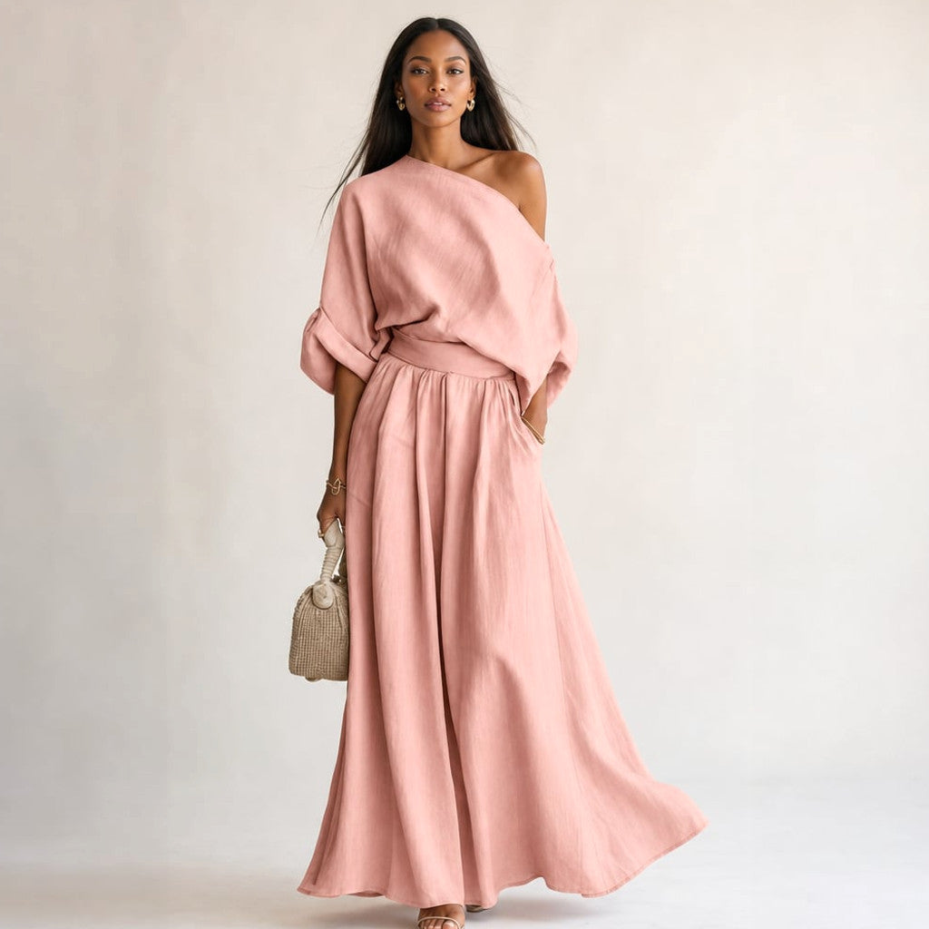 Linen Two-Piece Set Draped Blouse Wide-Leg Trousers in Pink – Molieri