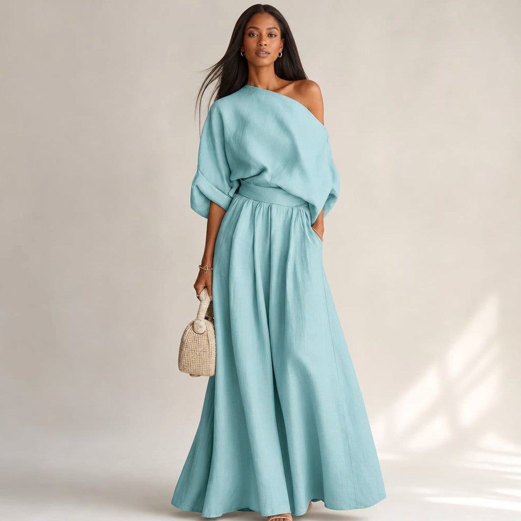 Linen Two-Piece Set Draped Blouse Wide-Leg Trousers in Blue – Molieri
