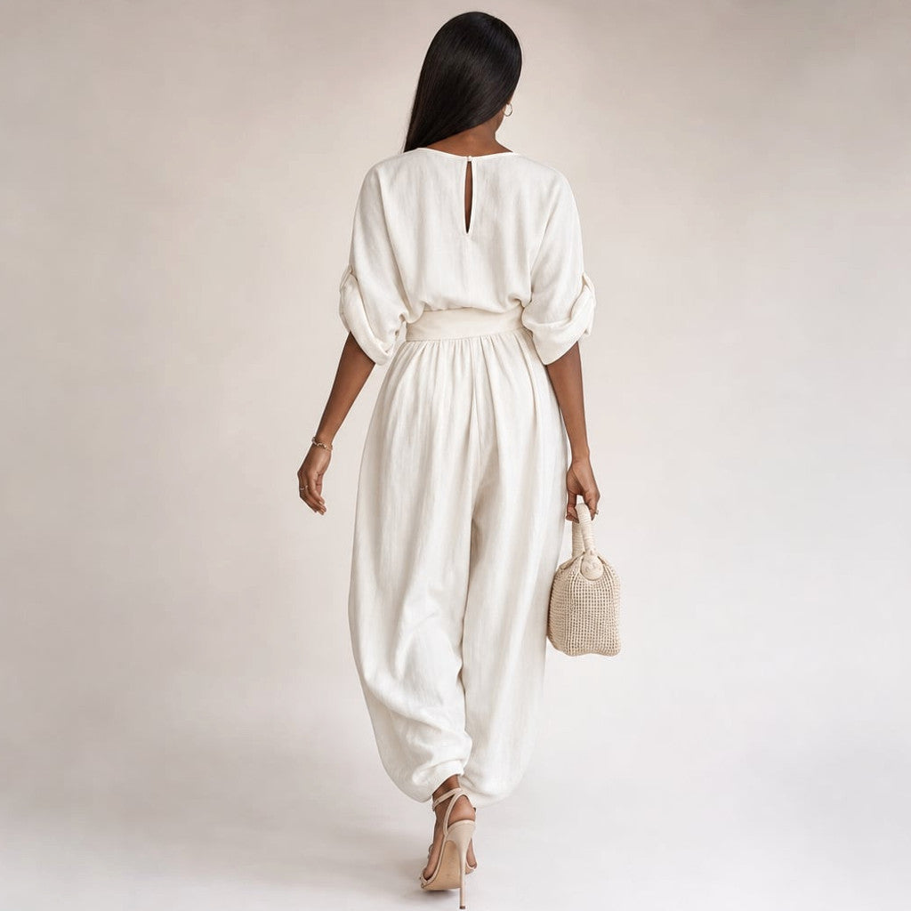 Linen Two-Piece Set Draped Blouse Wide-Leg Trousers – Molieri