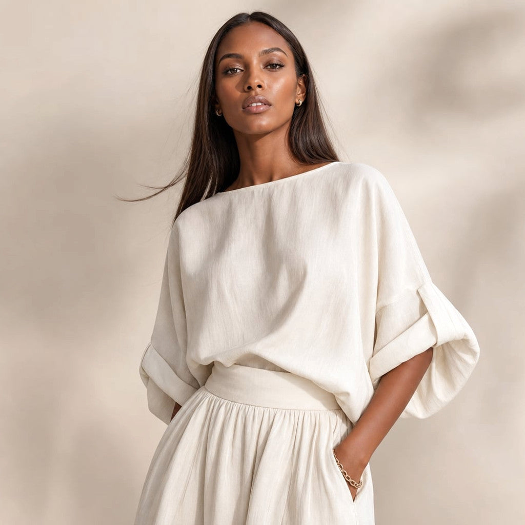 Linen Two-Piece Set Draped Blouse Wide-Leg Trousers – Molieri