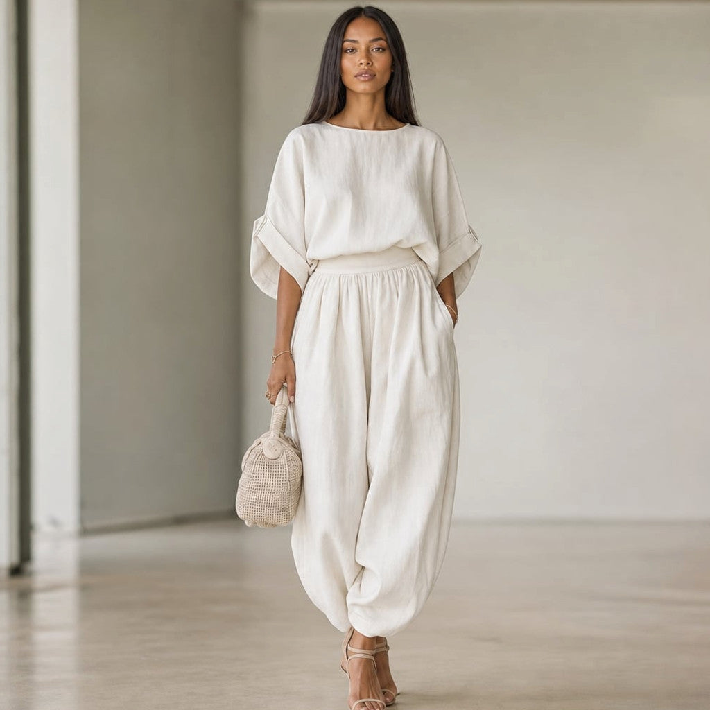 Linen Two-Piece Set Draped Blouse Wide-Leg Trousers – Molieri
