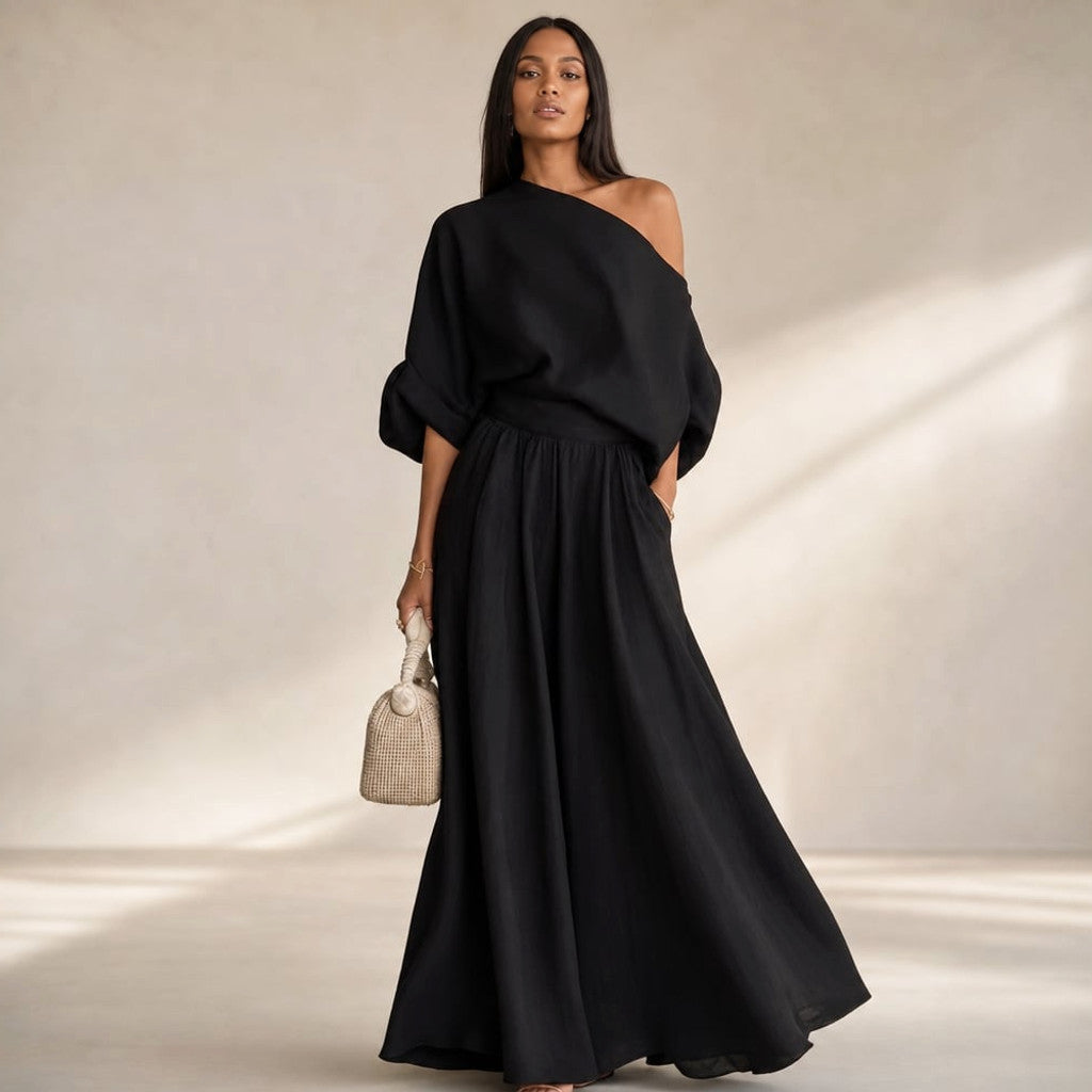 Linen Two-Piece Set Draped Blouse Wide-Leg Trousers in Black – Molieri