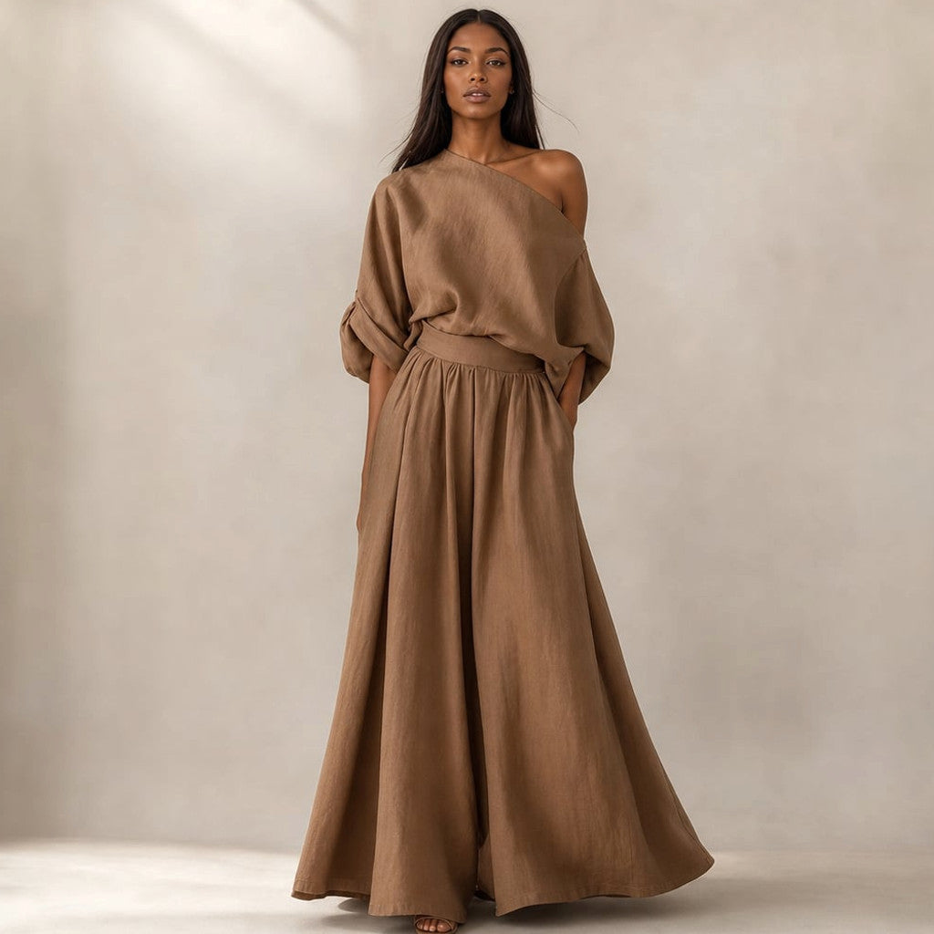 Linen Two-Piece Set Draped Blouse Wide-Leg Trousers in Brown – Molieri