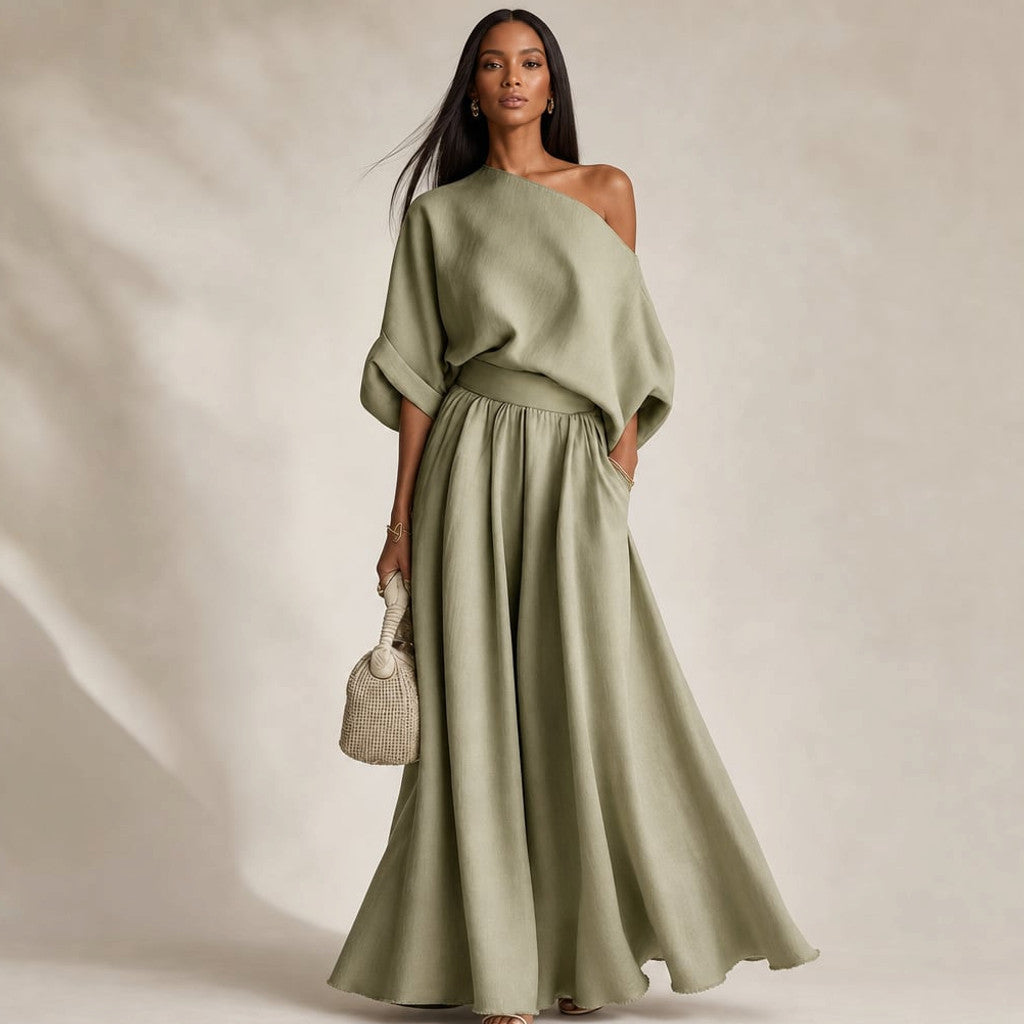 Linen Two-Piece Set Draped Blouse Wide-Leg Trousers in Olive – Molieri