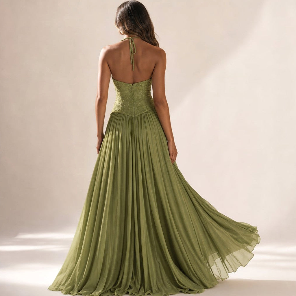 Pleated Corset Maxi Dress Boned Bodice Green – Molieri