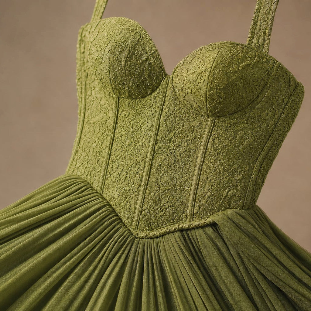 Pleated Corset Maxi Dress Boned Bodice Green – Molieri