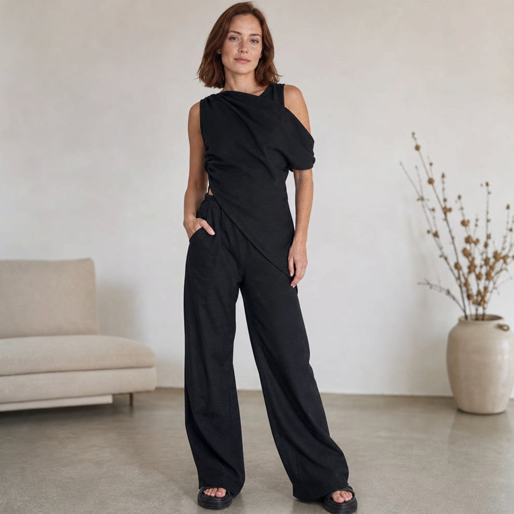 Off-Shoulder Co-ord Set Wide-Leg Pants Asymmetric Black – Molieri