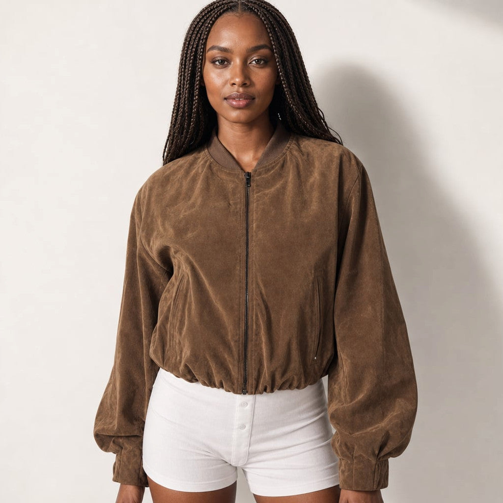 Front view of Clara oversized bomber jacket in brown snake-texture fabric with ribbed cuffs and hem, zip fastening