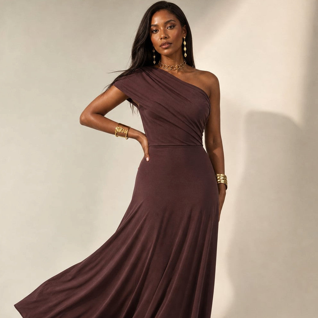 Maxi Dress Pleated One-Shoulder Asymmetric Flowy – Molieri