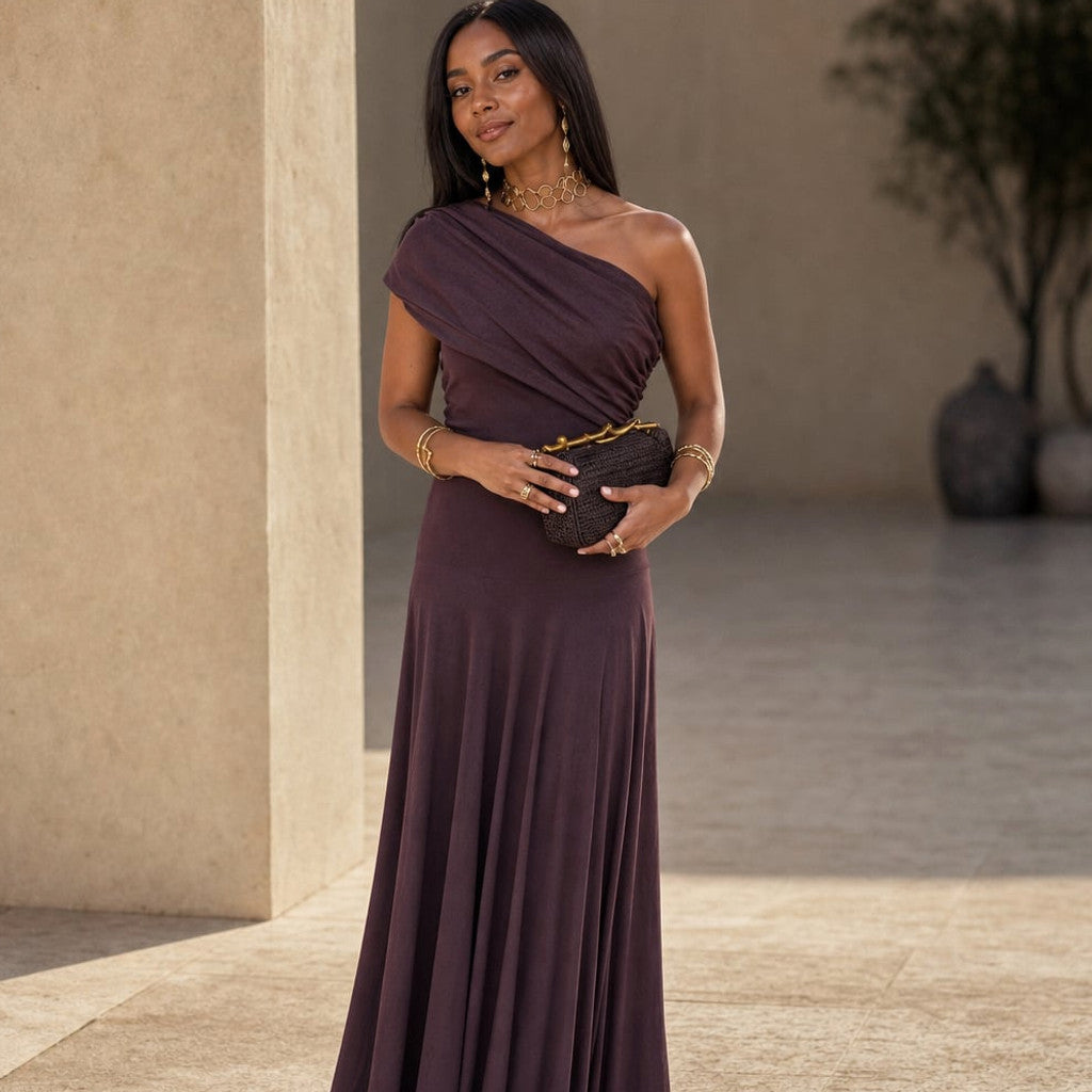 Maxi Dress Pleated One-Shoulder Asymmetric Flowy – Molieri