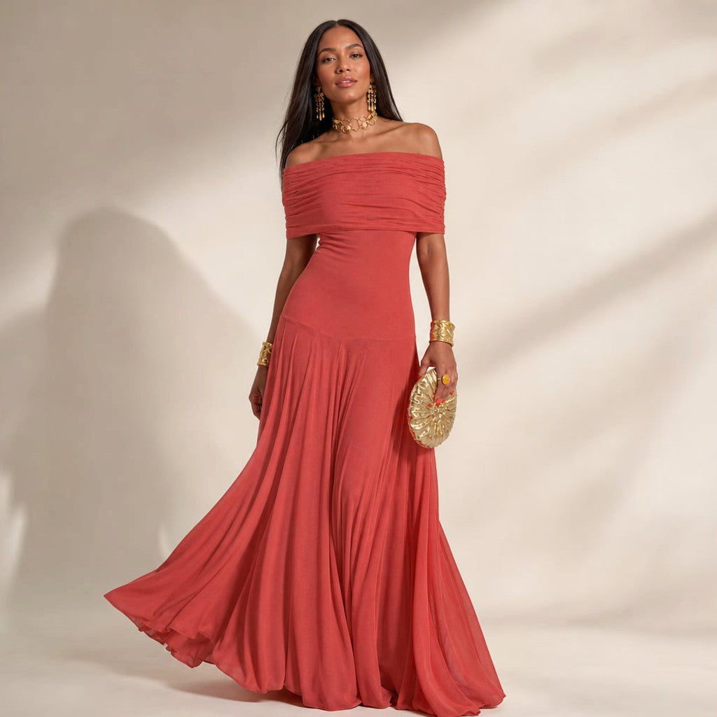 Maxi Dress Pleated One-Shoulder Asymmetric Flowy in Red – Molieri