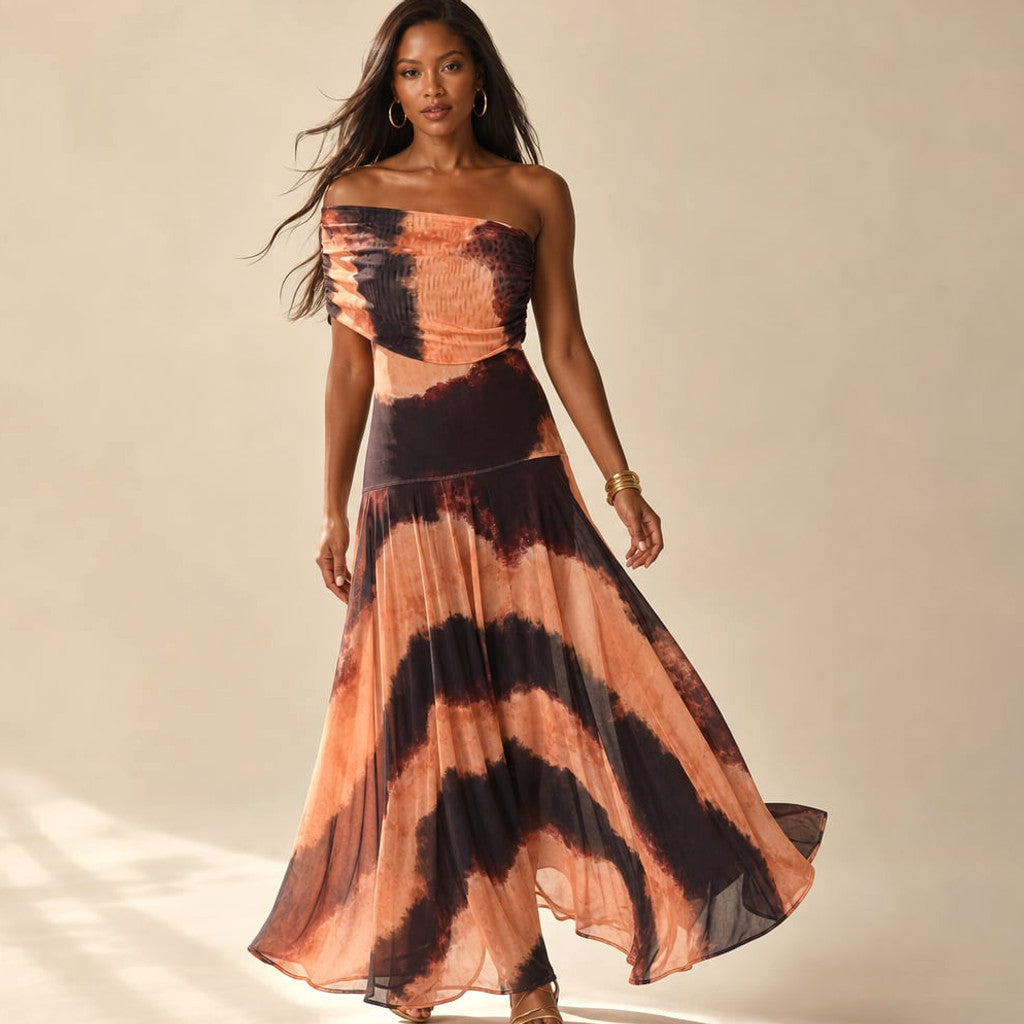 Maxi Dress Pleated One-Shoulder Asymmetric Flowy in Orange – Molieri