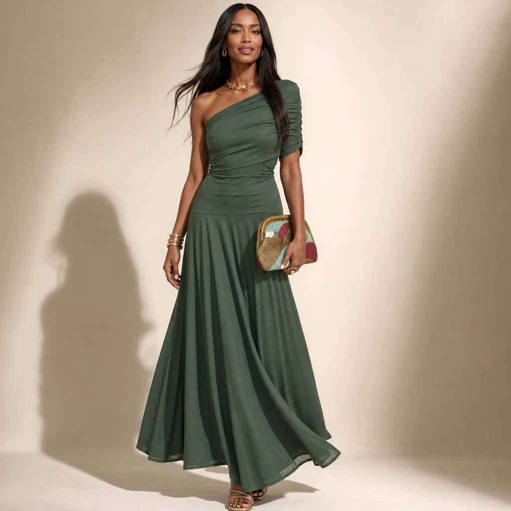 Maxi Dress Pleated One-Shoulder Asymmetric Flowy in Green – Molieri