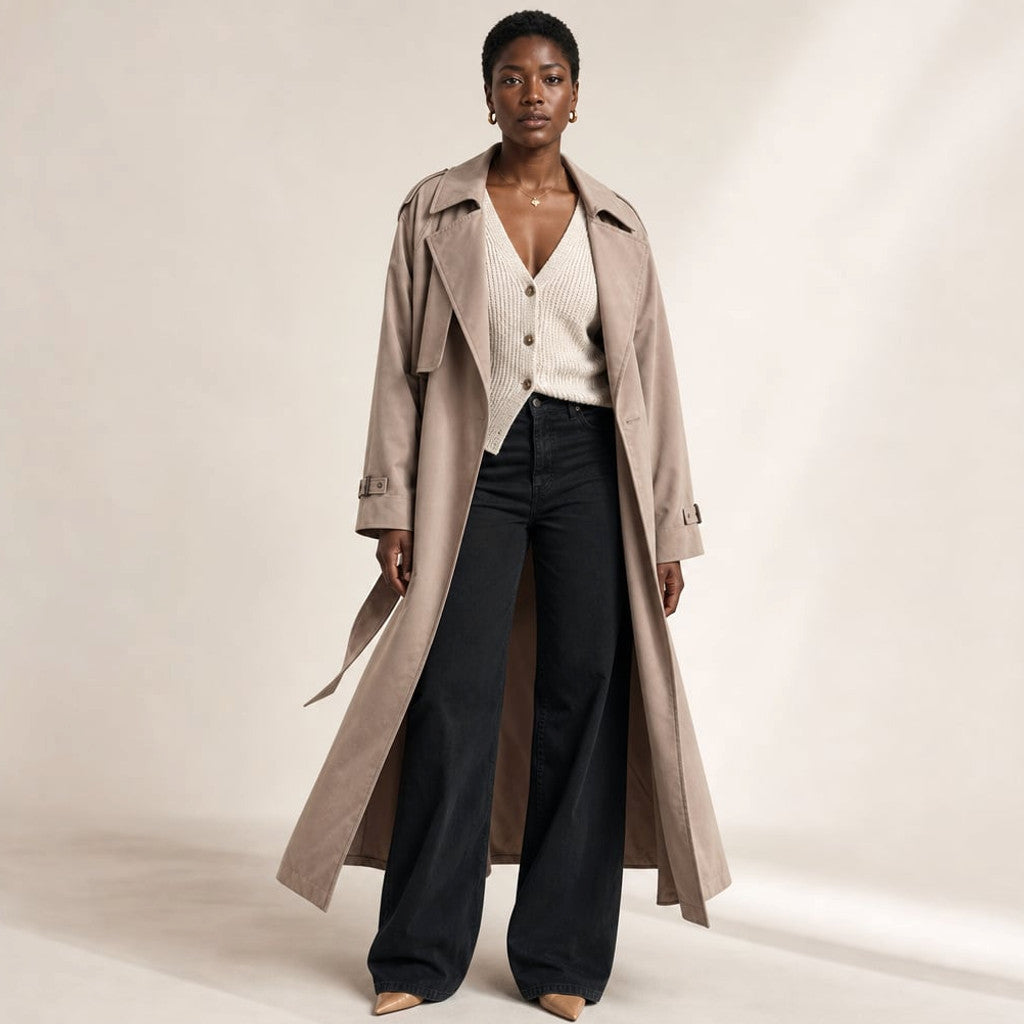Tildar longline trench coat in mocha, worn belted at the waist, full-length front view showing notched lapel and below-the-knee hem