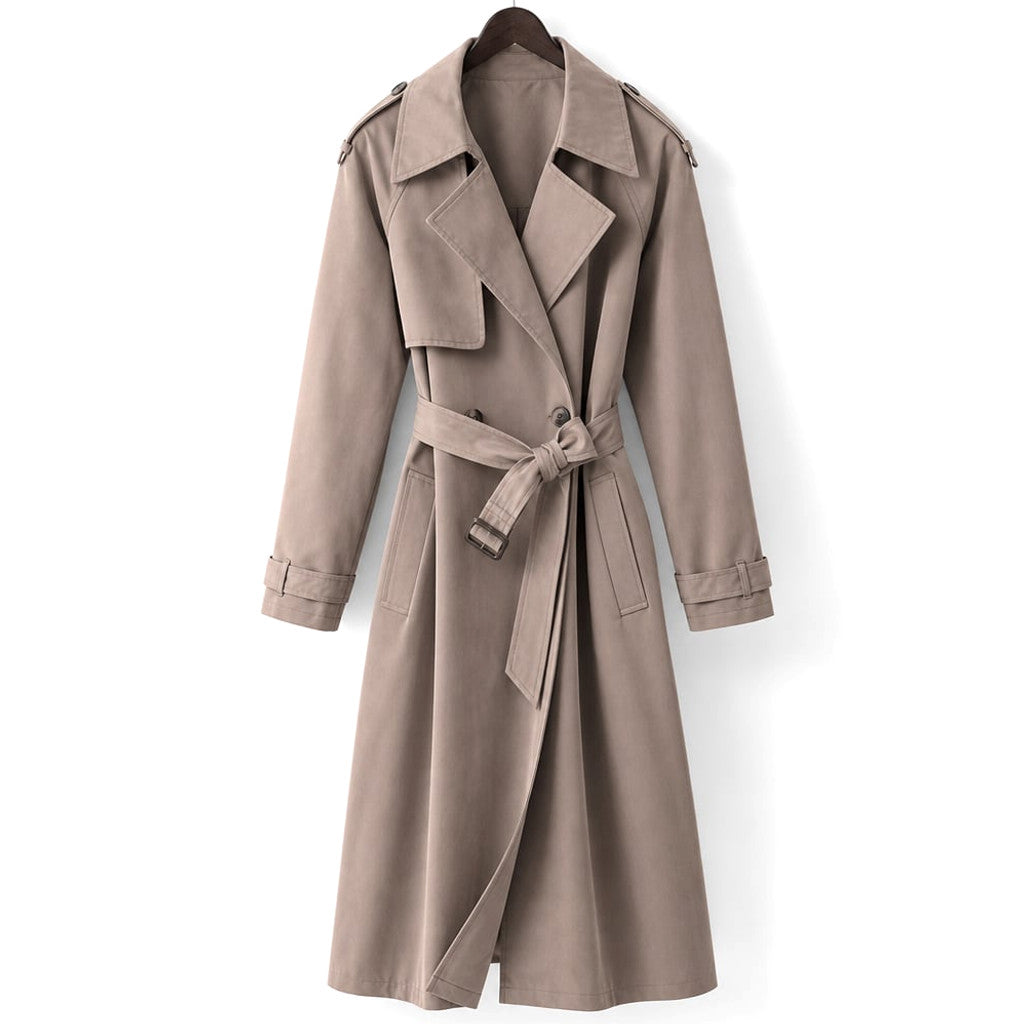 Model wearing Tildar oversized longline trench coat in mocha, collar raised, belt fastened, paired with ankle boots