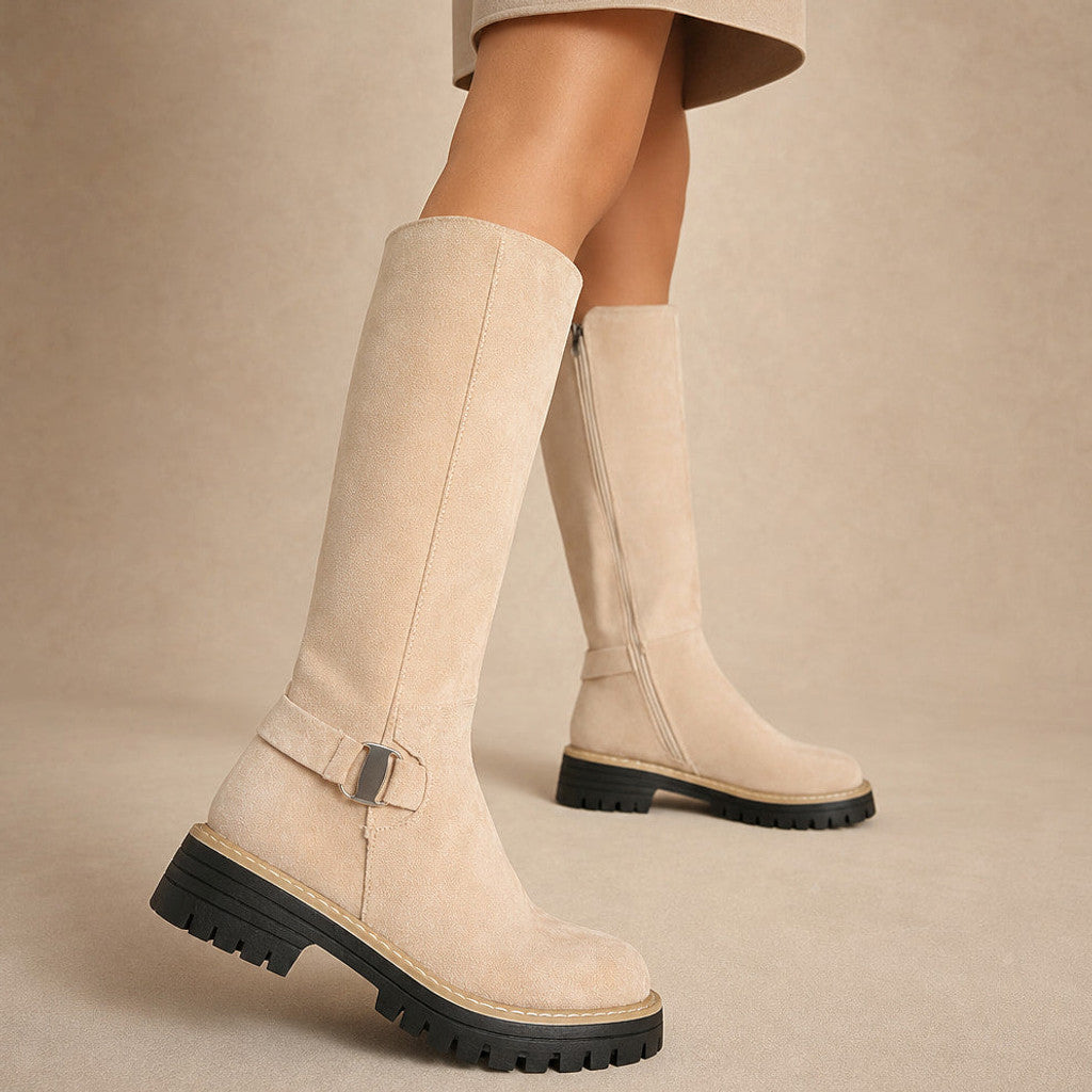 Alditha | Knee High Boots Low Block Heel Lugged Sole Beige – Product Photo