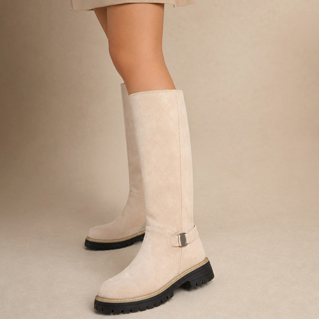 Alditha | Knee High Boots Low Block Heel Lugged Sole in Beige – Premium Editorial