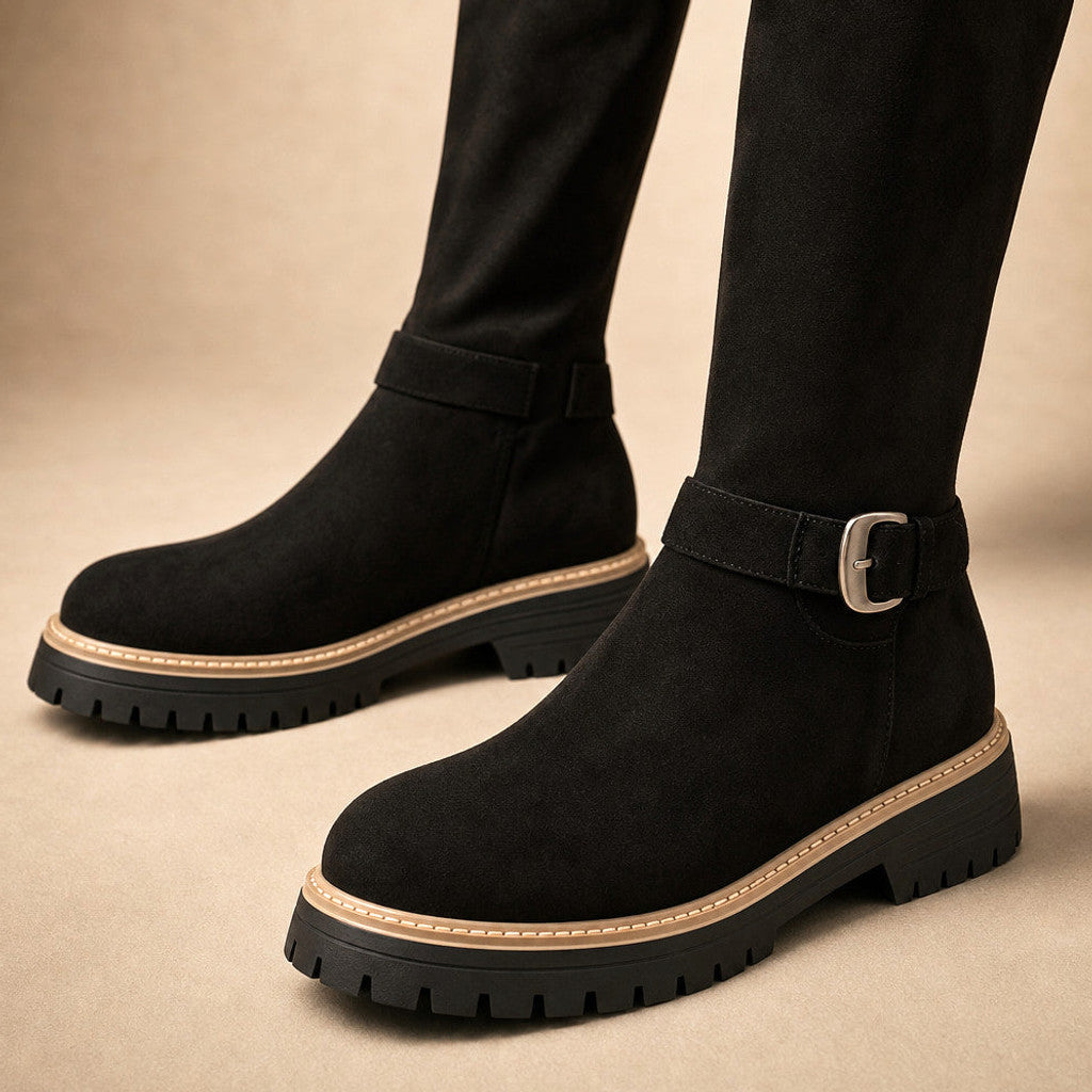 Alditha | Knee High Boots Low Block Heel Lugged Sole Black – Fabric and Detail Close-Up