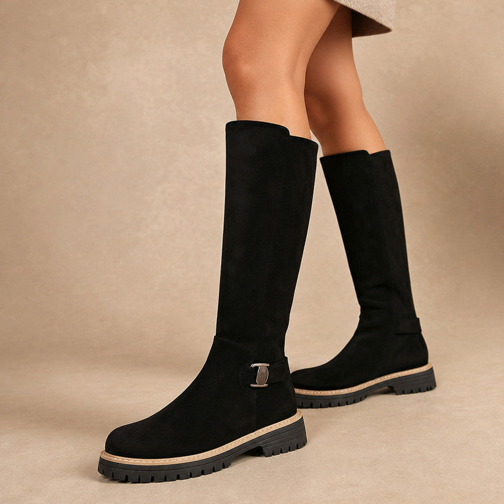 Alditha | Knee High Boots Low Block Heel Lugged Sole in Black – Premium Editorial